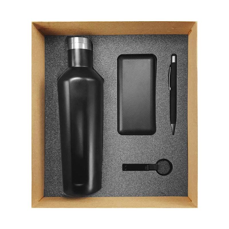 WGS-26 - Natural Cardboard Gift Box With Stainless Steel Bottle, Powerbank with Built-in Cables